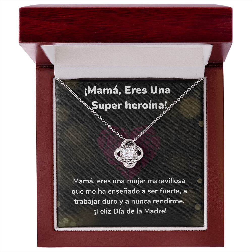 ¡Mamá, Eres Una Super heroína! - Collar para Mamá (Nudo de Amor) Love Knot Jewelry/LoveKnot Acabado en oro blanco de 14 k Caja de Lujo Madera Con Luz Led 