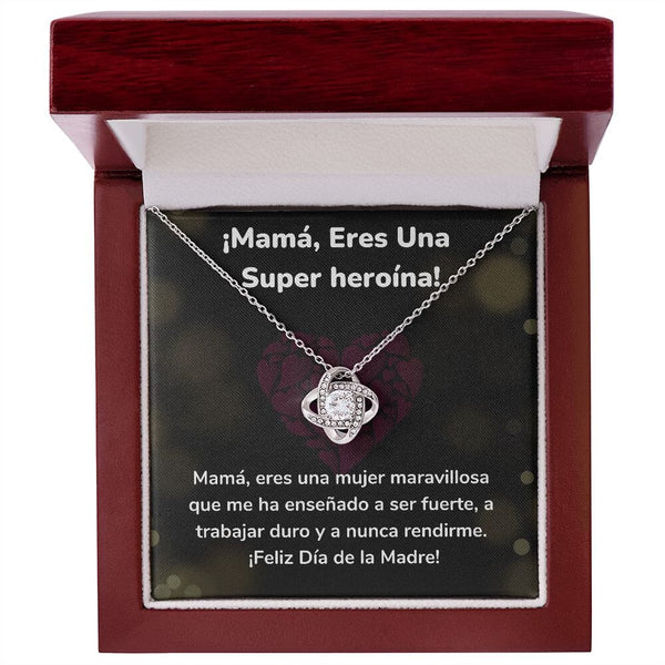 ¡Mamá, Eres Una Super heroína! - Collar para Mamá (Nudo de Amor) Love Knot Jewelry/LoveKnot Acabado en oro blanco de 14 k Caja de Lujo Madera Con Luz Led 