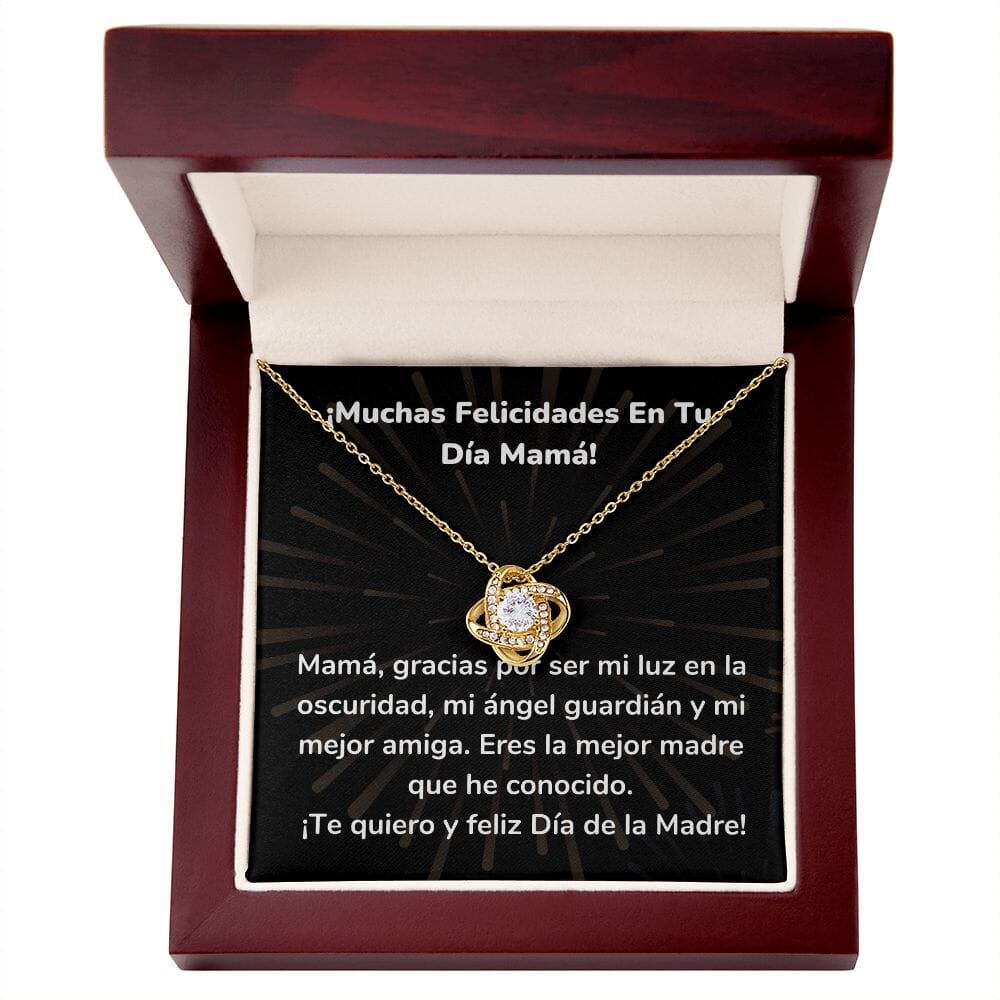 ¡Muchas Felicidades En Tu Día Mamá! Collar Para Mamá Nudo de Amor (LoveKnot) Jewelry ShineOn Fulfillment Acabado en Oro Amarillo de 18 quilates Caja de Lujo Madera Con Luz led 