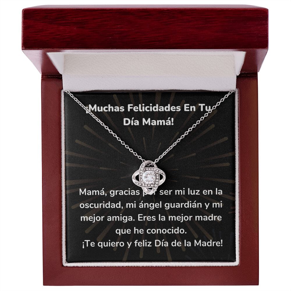 ¡Muchas Felicidades En Tu Día Mamá! Collar Para Mamá Nudo de Amor (LoveKnot) Jewelry/LoveKnot Acabado en oro blanco de 14 k Caja de Lujo Madera Con Luz led 