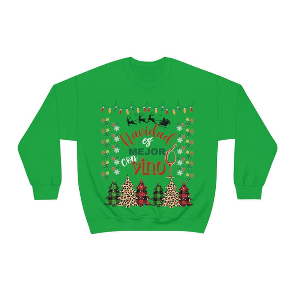 Navidad es mejor con Vino - Ugly Sweater para Navidad Sweatshirt Printify S Irish Green 