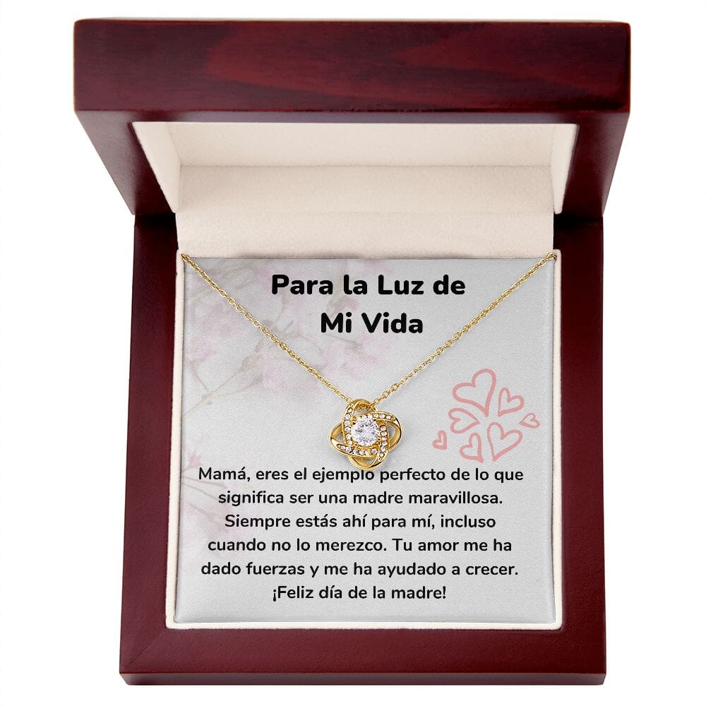 Para la Luz de Mi Vida - Collar para Mamá (Nudo de Amor) Love Knot Jewelry/LoveKnot Acabado en Oro Amarillo de 18 quilates. Caja de Lujo Madera Con Luz Led 