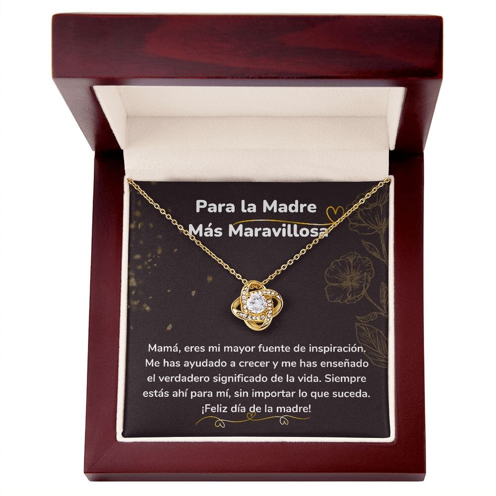 Para la Madre Más Maravillosa- Collar para Mamá (Nudo de Amor) Love Knot Jewelry/LoveKnot Acabado en Oro Amarillo de 18 quilates Caja de Lujo Madera Con Luz Led 