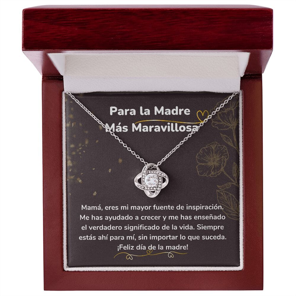 Para la Madre Más Maravillosa- Collar para Mamá (Nudo de Amor) Love Knot Jewelry/LoveKnot Acabado en oro blanco de 14 k Caja de Lujo Madera Con Luz Led 