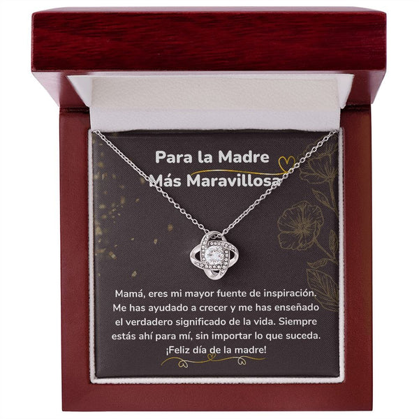 Para la Madre Más Maravillosa- Collar para Mamá (Nudo de Amor) Love Knot Jewelry/LoveKnot Acabado en oro blanco de 14 k Caja de Lujo Madera Con Luz Led 
