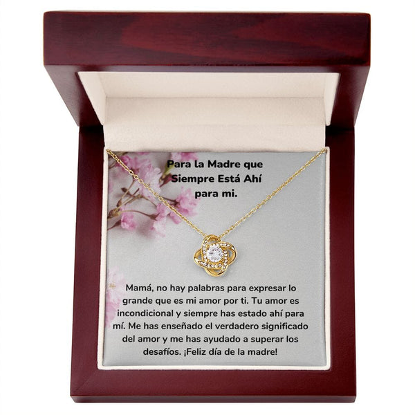 Para la Madre que Siempre Está Ahí para mi. Collar Para Mamá Nudo de Amor (LoveKnot) Jewelry/LoveKnot Acabado en Oro Amarillo de 18 quilates Caja de Lujo Madera Con Luz led 