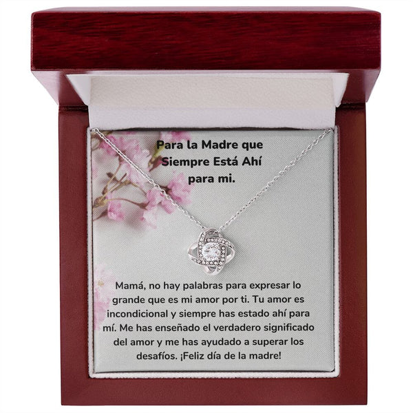 Para la Madre que Siempre Está Ahí para mi. Collar Para Mamá Nudo de Amor (LoveKnot) Jewelry/LoveKnot Acabado en oro blanco de 14 k Caja de Lujo Madera Con Luz led 
