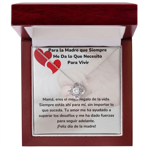 Para la Madre que Siempre Me Da lo Que Necesito Para Vivir- Collar Para Mamá Nudo de Amor (LoveKnot) Jewelry/LoveKnot Acabado en oro blanco de 14 k Caja de Lujo Madera Con Luz led 