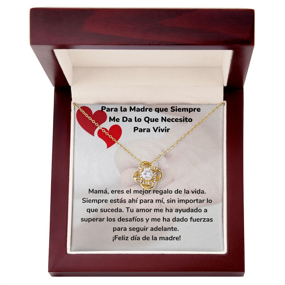 Para la Madre que Siempre Me Da lo Que Necesito Para Vivir- Collar Para Mamá Nudo de Amor (LoveKnot) Jewelry/LoveKnot Acabado en Oro Amarillo de 18 quilates Caja de Lujo Madera Con Luz led 