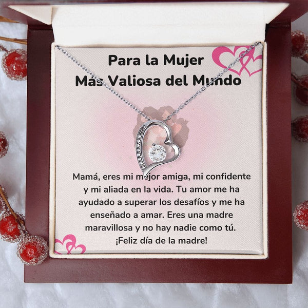 Para la Mujer Más Valiosa del Mundo - Collar para Mamá (Amor Por Siempre) Forever Love Jewelry/ForeverLove Acabado en oro blanco de 14 k Caja de Lujo Madera Con Luz Led 