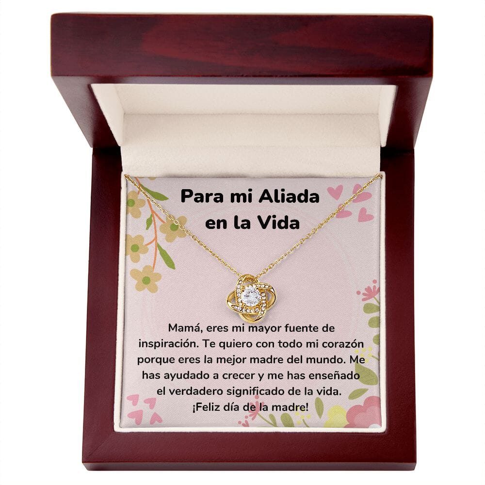 Para mi Aliada en la Vida - Collar para Mamá (Nudo de Amor) Love Knot Jewelry/LoveKnot Acabado en Oro Amarillo de 18 quilates Caja de Lujo Madera Con Luz Led 