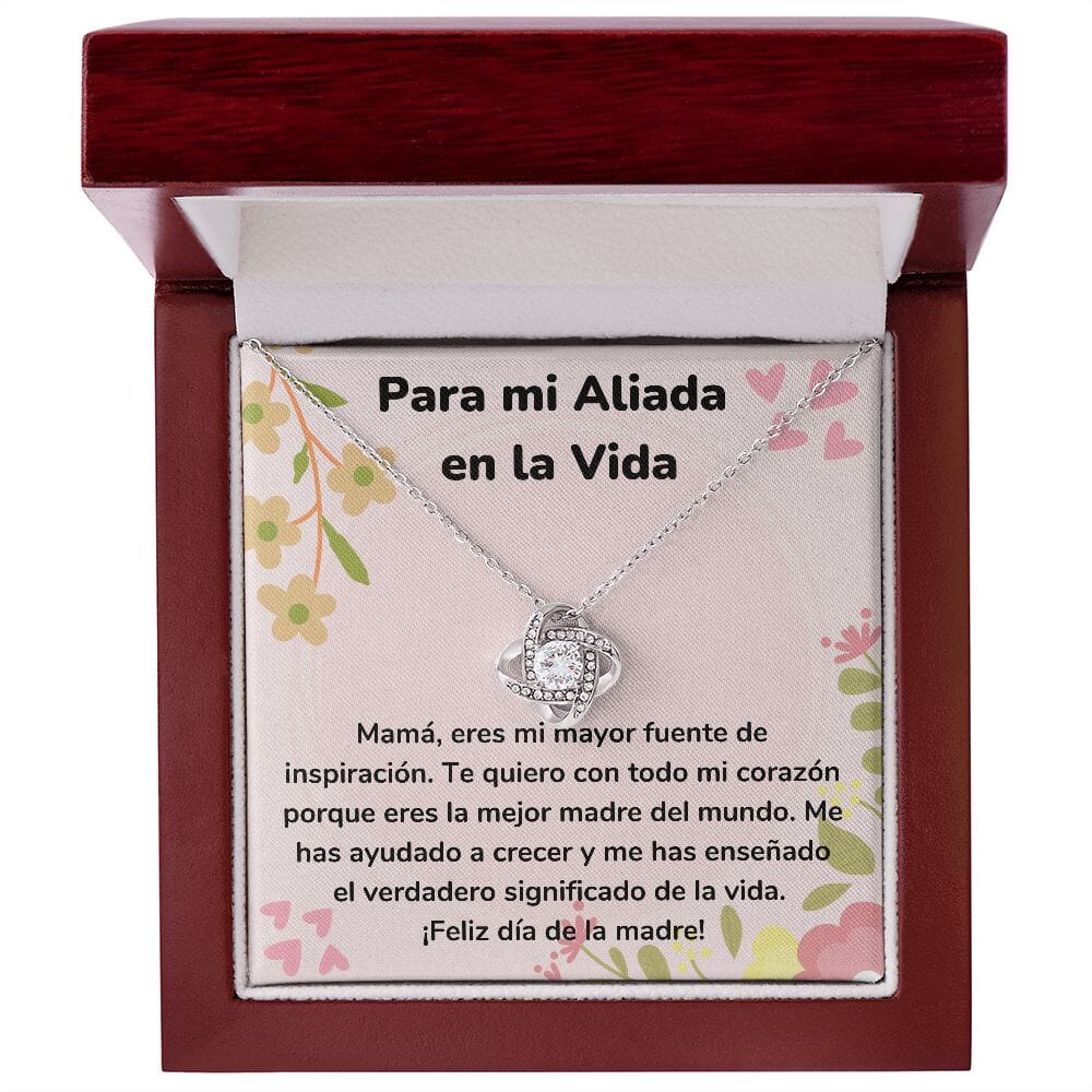Para mi Aliada en la Vida - Collar para Mamá (Nudo de Amor) Love Knot Jewelry/LoveKnot Acabado en oro blanco de 14 k Caja de Lujo Madera Con Luz Led 