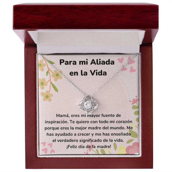 Para mi Aliada en la Vida - Collar para Mamá (Nudo de Amor) Love Knot Jewelry/LoveKnot Acabado en oro blanco de 14 k Caja de Lujo Madera Con Luz Led 