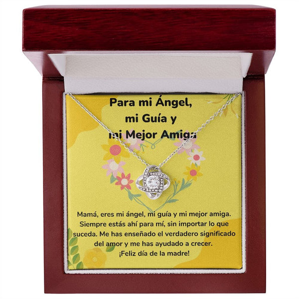 Para mi Ángel, mi Guía y mi Mejor Amiga - Collar para Mamá (Nudo de Amor) Love Knot Jewelry/LoveKnot Acabado en oro blanco de 14 k Caja de Lujo Madera Con Luz Led 