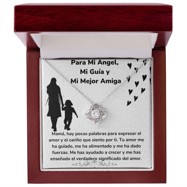 Para Mi Ángel, Mi Guía y Mi Mejor Amiga - Collar Para Mamá Nudo de Amor (LoveKnot) Jewelry/LoveKnot Acabado en oro blanco de 14 k Caja de Lujo Madera Con Luz led 