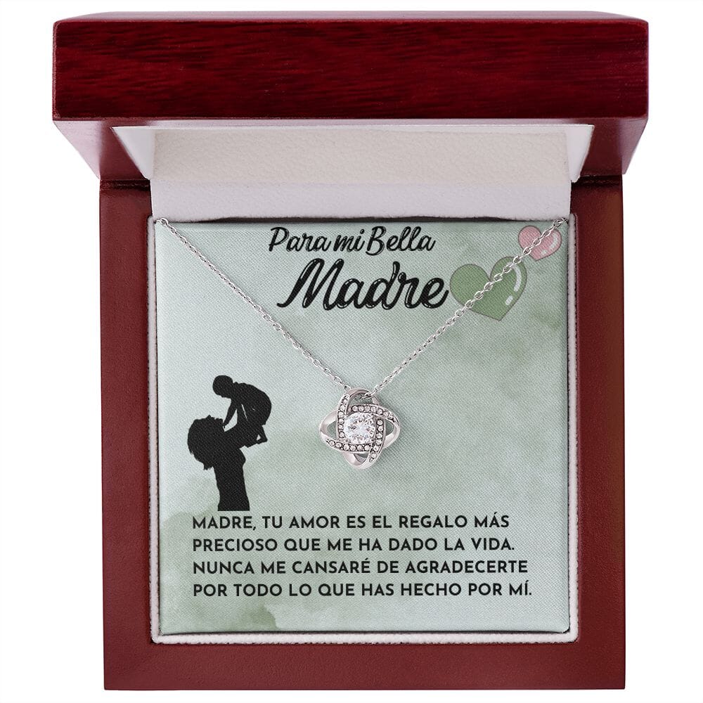 Para mi Bella Madre - Collar Para Mamá Nudo de Amor (LoveKnot) Jewelry/LoveKnot Acabado en oro blanco de 14 k Caja de Lujo Madera Con Luz led 