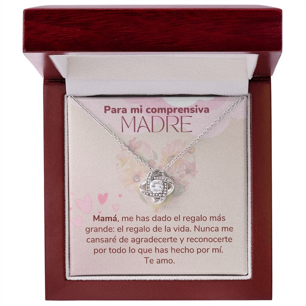 Para mi Comprensiva Madre -Collar para Mamá (Nudo de Amor) Love Knot Jewelry/LoveKnot Acabado en oro blanco de 14 k Caja de Lujo Madera con Luz Led 