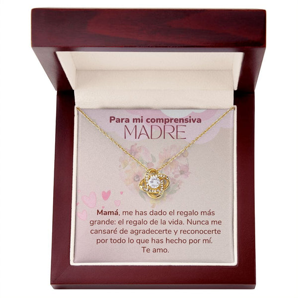 Para mi Comprensiva Madre -Collar para Mamá (Nudo de Amor) Love Knot Jewelry/LoveKnot Acabado en Oro Amarillo de 18 quilates. Caja de Lujo Madera con Luz Led 