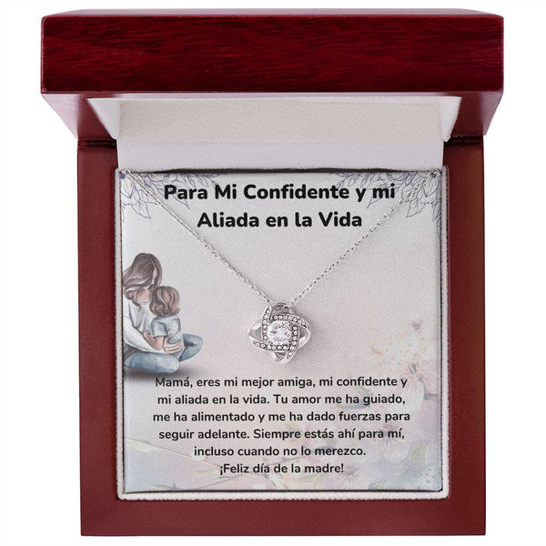 Para Mi Confidente y mi Aliada en la Vida -Collar Para Mamá Nudo de Amor (LoveKnot) Jewelry/LoveKnot Acabado en oro blanco de 14 k Caja de Lujo Madera Con Luz led 