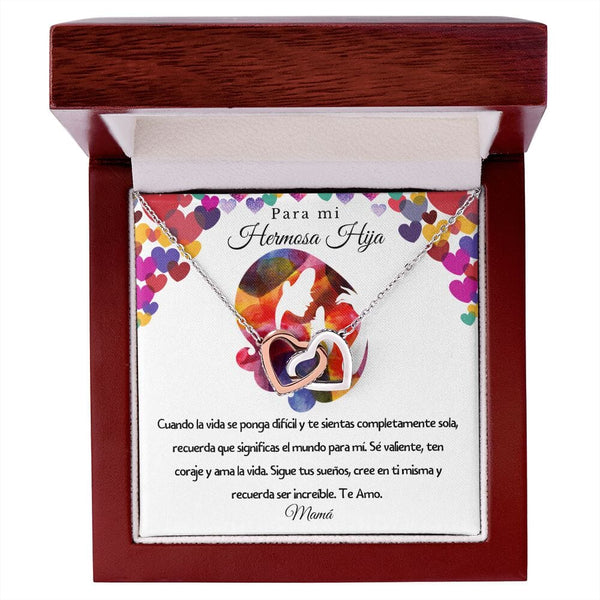 Para mi hermosa hija: Cuando la vida se ponga difícil y te sientas completamente sol… - Collar de Dos Corazones Jewelry Cajita de Lujo (Caoba con Luz Led) 