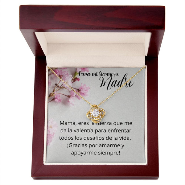 Para mi Hermosa Madre - Collar Para Mamá Nudo de Amor (LoveKnot) Jewelry/LoveKnot Acabado en Oro Amarillo de 18 quilates Caja de Lujo Madera Con Luz led 