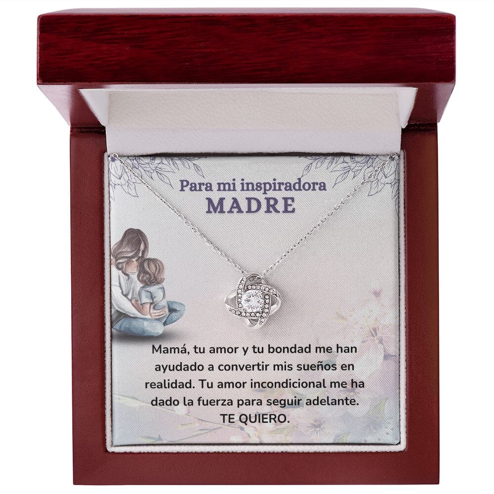 Para mi Inspiradora Madre- Collar Para Mamá Nudo de Amor (LoveKnot) Jewelry ShineOn Fulfillment Acabado en oro blanco de 14 k Caja de Lujo Madera Con Luz led 