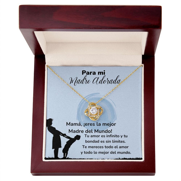 Para mi Madre Adorada -Collar Para Mamá Nudo de Amor (LoveKnot) Jewelry/LoveKnot Acabado en Oro Amarillo de 18 quilates Caja de Lujo Madera Con Luz led 