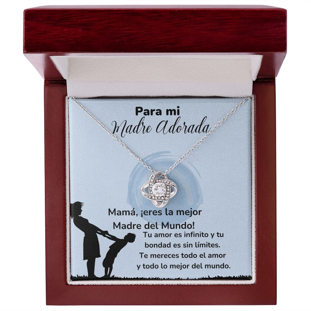 Para mi Madre Adorada -Collar Para Mamá Nudo de Amor (LoveKnot) Jewelry/LoveKnot Acabado en oro blanco de 14 k Caja de Lujo Madera Con Luz led 