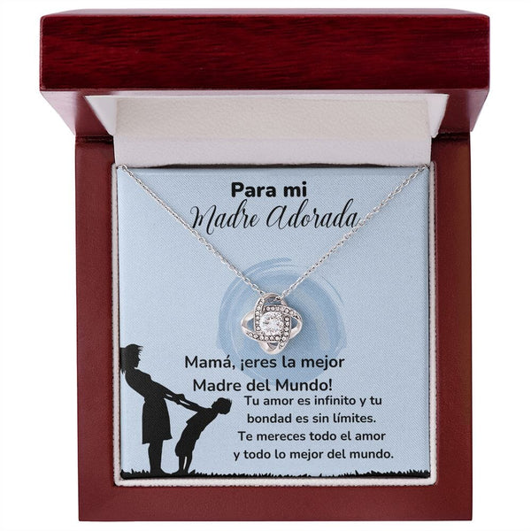 Para mi Madre Adorada -Collar Para Mamá Nudo de Amor (LoveKnot) Jewelry/LoveKnot Acabado en oro blanco de 14 k Caja de Lujo Madera Con Luz led 
