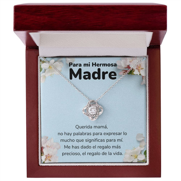Para mi Madre Hermosa - Collar Para Mamá Nudo de Amor (LoveKnot) Jewelry/LoveKnot Acabado en oro blanco de 14 k Caja de Lujo Madera Con Luz led 