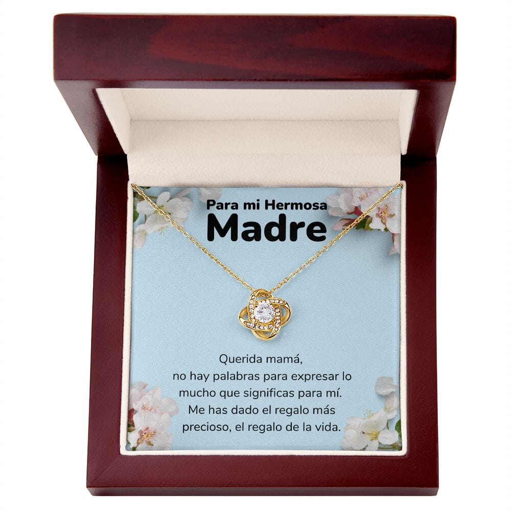 Para mi Madre Hermosa - Collar Para Mamá Nudo de Amor (LoveKnot) Jewelry/LoveKnot Acabado en Oro Amarillo de 18 quilates Caja de Lujo Madera Con Luz led 
