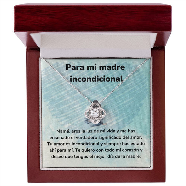 Para mi madre incondicional - Collar para Mamá (Nudo de Amor) Love Knot Jewelry/LoveKnot Acabado en oro blanco de 14 k Caja de Lujo Madera Con Luz Led 