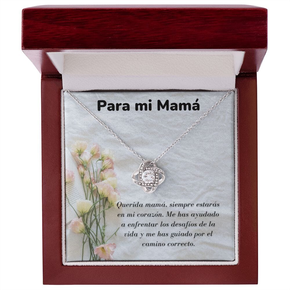 Para mi Mamá - Collar Para Mamá Nudo de Amor (LoveKnot) Jewelry/LoveKnot Acabado en oro blanco de 14 k Caja de Lujo Madera Con Luz led 