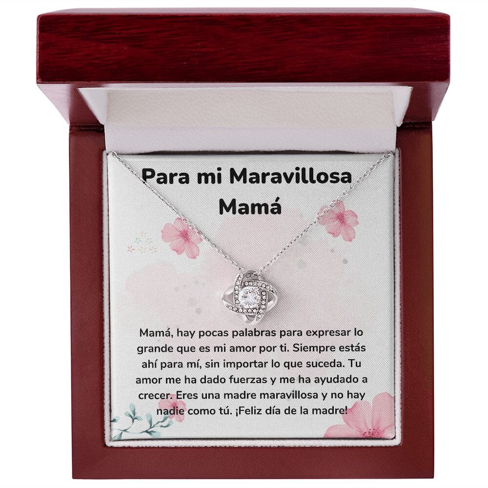 Para mi Maravillosa Mamá - Collar para Mamá (Nudo de Amor) Love Knot Jewelry/LoveKnot Acabado en oro blanco de 14 k Caja de Lujo madera con Luz Led 