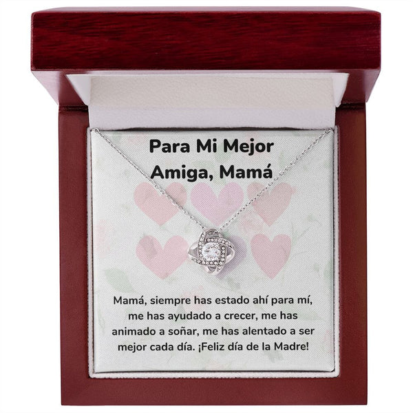 Para Mi Mejor Amiga, Mamá Collar Para Mamá Nudo de Amor (LoveKnot) Jewelry/LoveKnot Acabado en oro blanco de 14 k Caja de Lujo Madera Con Luz led 