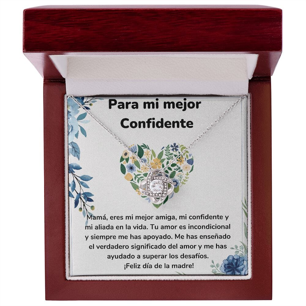 Para mi mejor Confidente - Collar para Mamá (Nudo de Amor) Love Knot Jewelry/LoveKnot Acabado en oro blanco de 14 k Caja de Lujo Madera Con Luz Led 