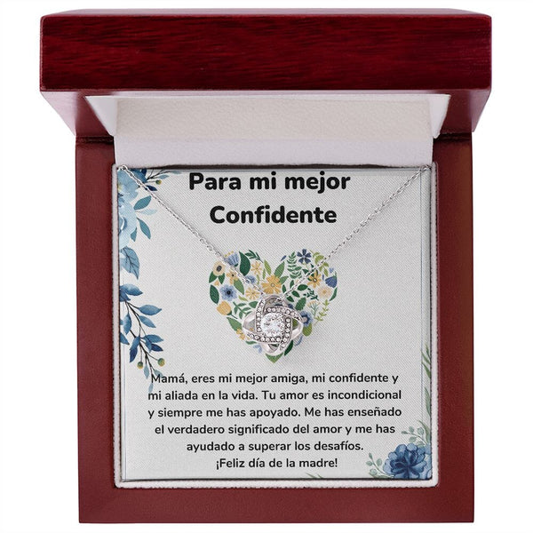 Para mi mejor Confidente - Collar para Mamá (Nudo de Amor) Love Knot Jewelry/LoveKnot Acabado en oro blanco de 14 k Caja de Lujo Madera Con Luz Led 