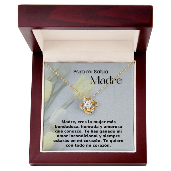 Para mi Sabia Madre - Collar para Mamá (Nudo de Amor) Love Knot Jewelry/LoveKnot Acabado en Oro Amarillo de 18 quilates. Caja de Lujo Madera con Luz Led 