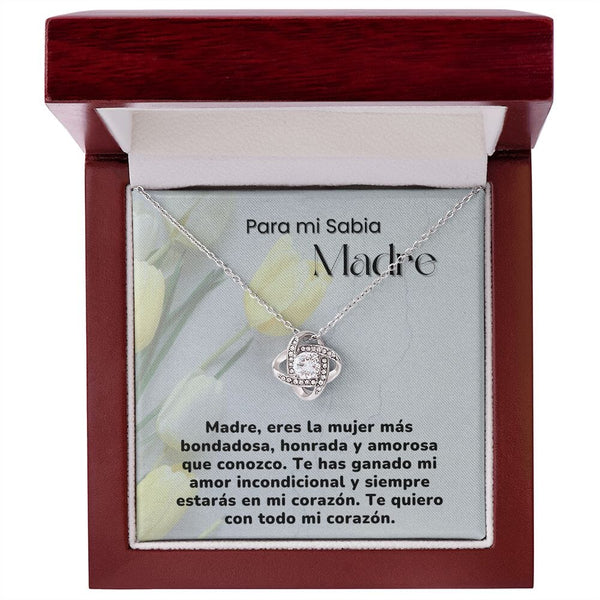 Para mi Sabia Madre - Collar para Mamá (Nudo de Amor) Love Knot Jewelry/LoveKnot Acabado en oro blanco de 14 k Caja de Lujo Madera con Luz Led 
