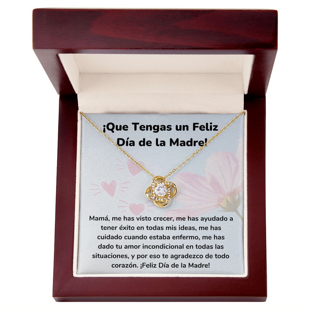 ¡Que Tengas un Feliz Día de la Madre! Collar Para Mamá Nudo de Amor (LoveKnot) Jewelry/LoveKnot Acabado en Oro Amarillo de 18 quilates Caja de Lujo Madera Con Luz led 