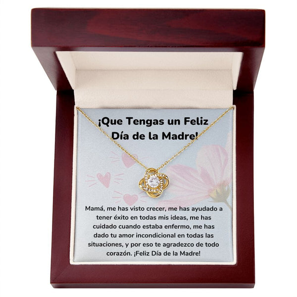 ¡Que Tengas un Feliz Día de la Madre! Collar Para Mamá Nudo de Amor (LoveKnot) Jewelry/LoveKnot Acabado en Oro Amarillo de 18 quilates Caja de Lujo Madera Con Luz led 