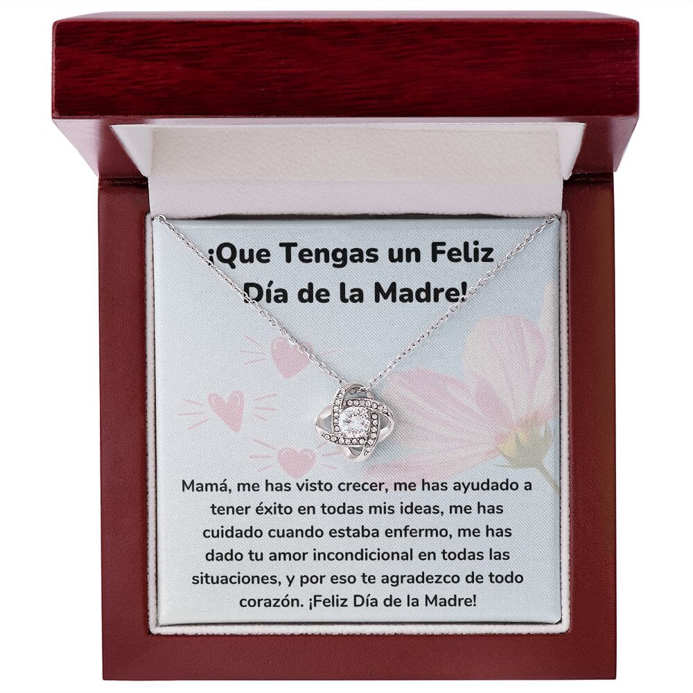 ¡Que Tengas un Feliz Día de la Madre! Collar Para Mamá Nudo de Amor (LoveKnot) Jewelry/LoveKnot Acabado en oro blanco de 14 k Caja de Lujo Madera Con Luz led 