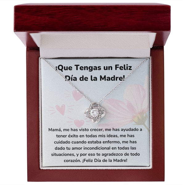 ¡Que Tengas un Feliz Día de la Madre! Collar Para Mamá Nudo de Amor (LoveKnot) Jewelry/LoveKnot Acabado en oro blanco de 14 k Caja de Lujo Madera Con Luz led 