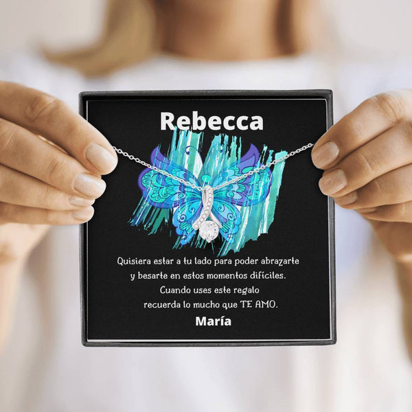 Quisiera estar a tu lado para poder abrazarte… Collar con piedra y lazo y mensaje en hermosa caja de regalo. Jewelry 