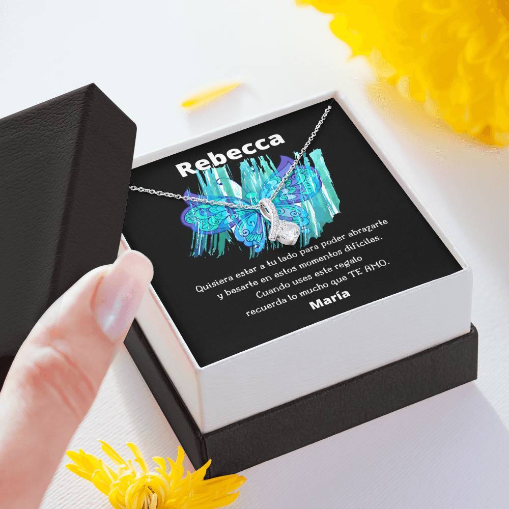 Quisiera estar a tu lado para poder abrazarte… Collar con piedra y lazo y mensaje en hermosa caja de regalo. Jewelry 