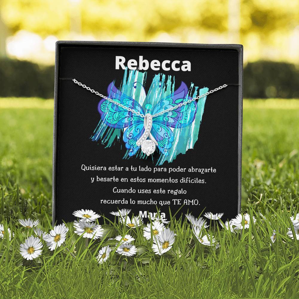 Quisiera estar a tu lado para poder abrazarte… Collar con piedra y lazo y mensaje en hermosa caja de regalo. Jewelry 