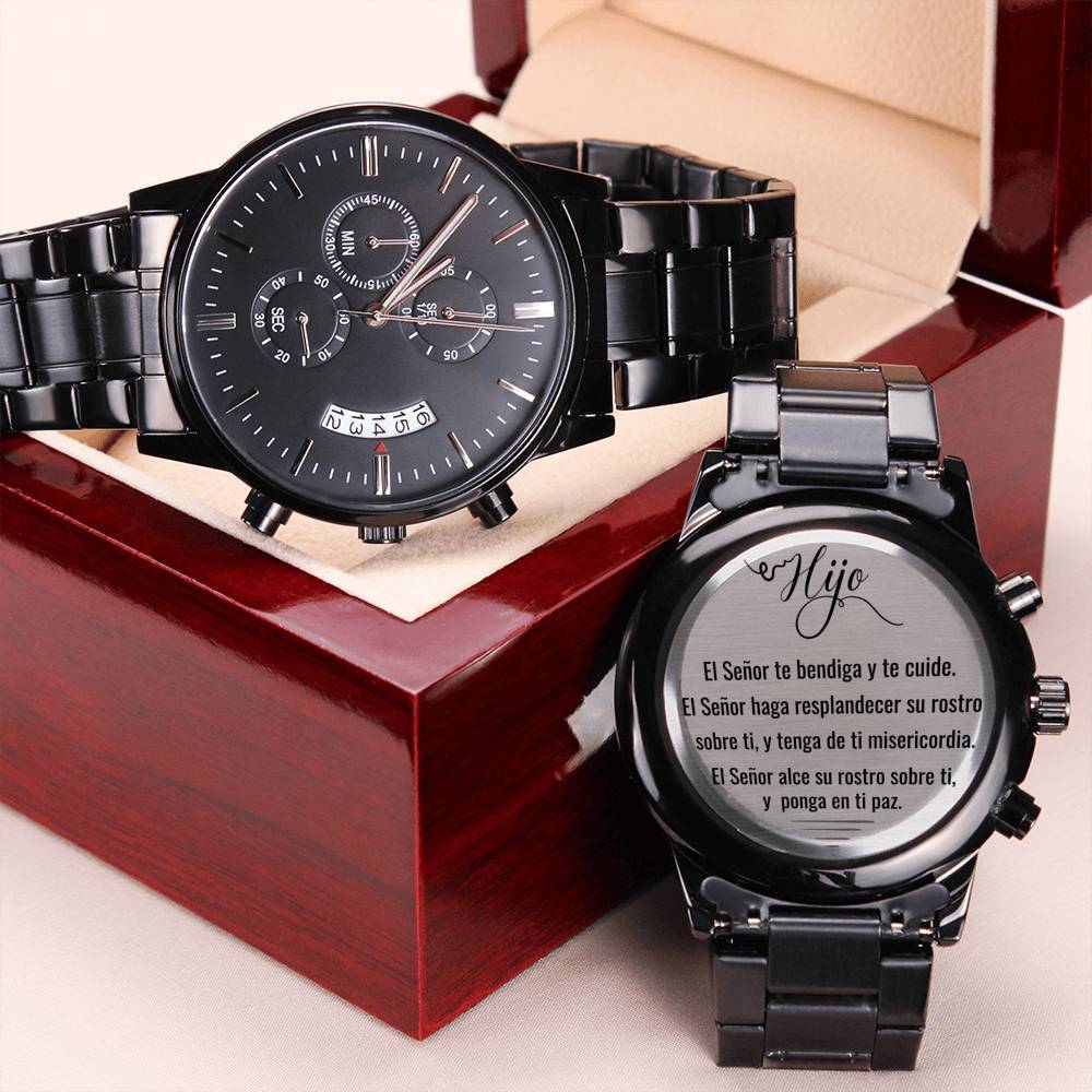 Regalo con Oración de Bendición y Protección para Un Hijo - Reloj de Acero Inoxidable Jewelry/Watch Caja de Madera de Lujo con luz LED - Mahogany 