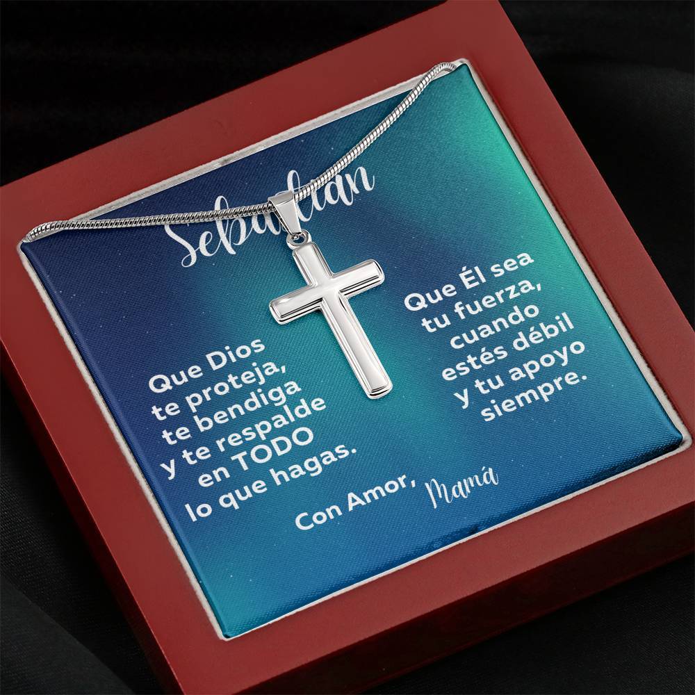 Regalo con un significado especial - Que Dios te proteja…… Collar con Cruz y tarjeta personalizada. Jewelry ShineOn Fulfillment Caja de Madera con Luz Mahogany 
