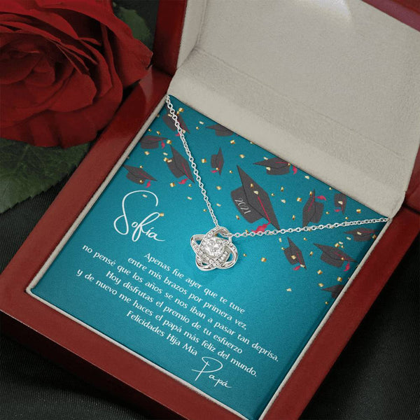 Regalo de Graduación una Hija de Papá - Collar Love Knot con tarjeta personalizada Jewelry ShineOn Fulfillment Caja de Lujo con Luz de Madera Mahogany 