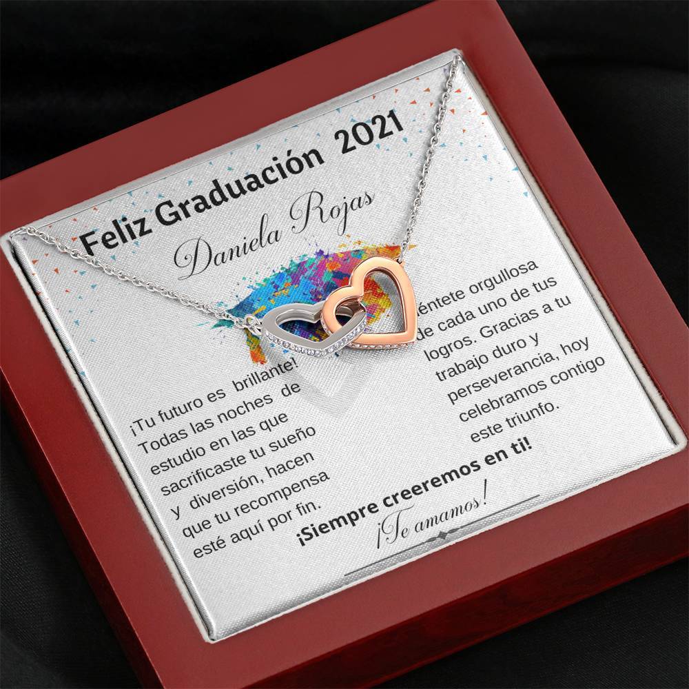 Regalo para Graduación - Collar Interlocking Hearts con tarjeta personalizada. Jewelry Caja de Lujo de Madera con Luz Mahogany 